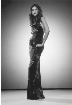 David Meister: jersey backless gown with rusching and front slit. © Gale Group.