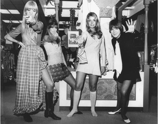 Mary Quant (right) with three of her designs, 1968. © AP/Wide World Photos.